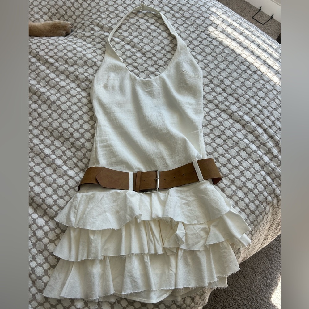 Zara White Ruffled Dress with Brown Belt